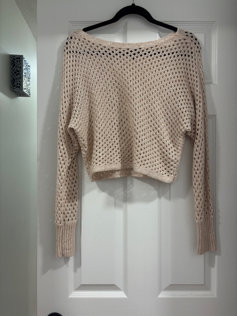 Express Open-Knit Cropped Sweater in Beige